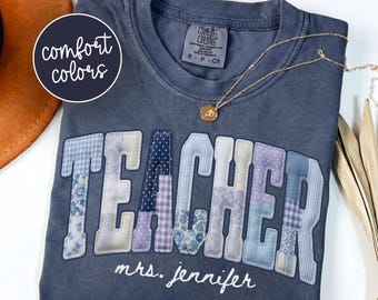 Comfort Colors Custom Teacher Shirt, Personalized Name Patchwork Tee, Coquette Teacher Gift, Back To School Shirt, Cute Teacher Outfit