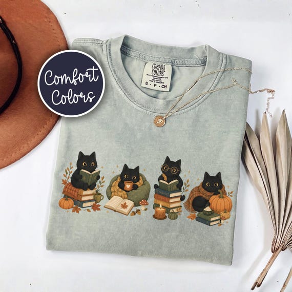 Cozy Fall Bookish Comfort Colors® Shirt For Cat Lovers, Cat Mom Gift, Cozy Reader Gift, Book Lover Cat Tee, Tis The Season Pumpkin Tee
