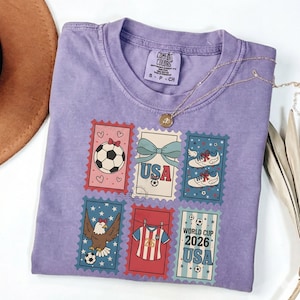 Retro USA World Cup 2026 Shirt, Coquette Soccer Fan Tee, Women's Gameday Top, Sideline Soccer Season T-Shirt, Sports Mom Gift Violet