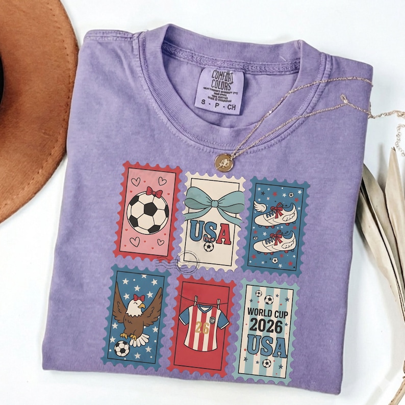 Retro USA World Cup 2026 Shirt, Coquette Soccer Fan Tee, Women's Gameday Top, Sideline Soccer Season T-Shirt, Sports Mom Gift Violet