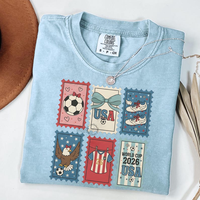 Retro USA World Cup 2026 Shirt, Coquette Soccer Fan Tee, Women's Gameday Top, Sideline Soccer Season T-Shirt, Sports Mom Gift Chambray