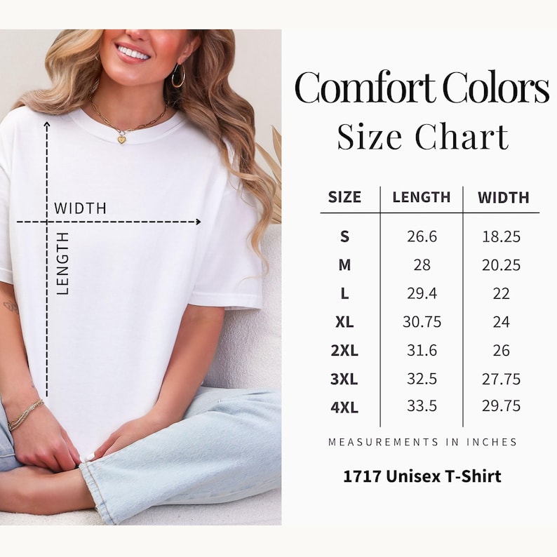 K&ouml;nnte beinhalten: Eine Comfort Colors Gr&ouml;&szlig;entabelle f&uuml;r ein 1717 Unisex-T-Shirt. Die Tabelle listet die Gr&ouml;&szlig;en S bis 4XL mit den entsprechenden L&auml;ngen- und Breitenma&szlig;en in Zoll auf. Ein wei&szlig;es T-Shirt zeigt gestrichelte Linien zur Messung von L&auml;nge und Breite.