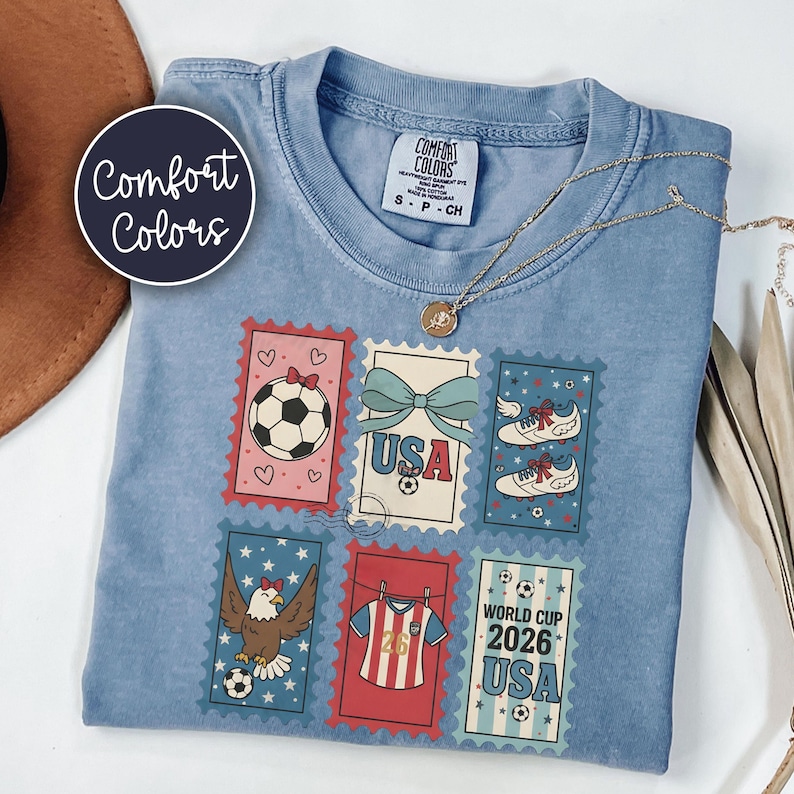 Retro USA World Cup 2026 Shirt, Coquette Soccer Fan Tee, Women's Gameday Top, Sideline Soccer Season T-Shirt, Sports Mom Gift Blue Jean