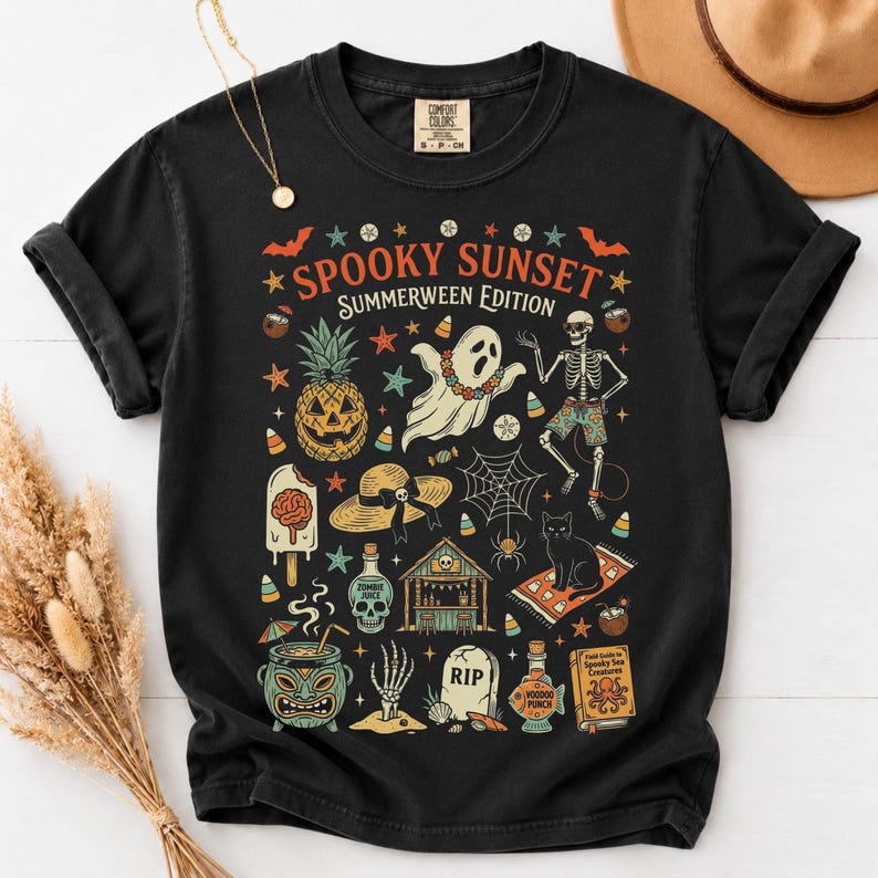 Vintage Summerween Comfort Colors® Shirt, Retro y2k Halloween Tee, Spooky Summer Aesthetic Graphic Tee, Spooky Beach Goth Tee Black