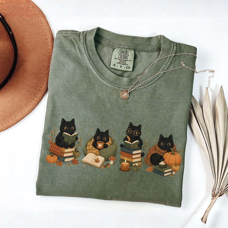 Cozy Fall Bookish Comfort Colors® Shirt For Cat Lovers, Cat Mom Gift, Cozy Reader Gift, Book Lover Cat Tee, Tis The Season Pumpkin Tee image 5