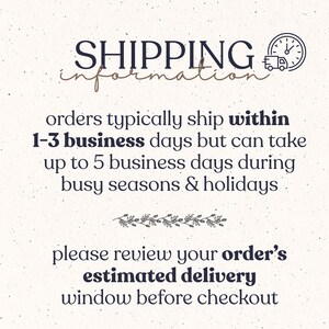 K&ouml;nnte beinhalten: Ein heller, gesprenkelter Hintergrund mit dunklem Text, der lautet: SHIPPING information, orders typically ship within 1-3 business days but can take up to 5 business days during busy seasons & holidays, please review your order's estimated delivery window before checkout.