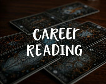 May include: A close-up of a tarot card reading spread with the text "CAREER READING" in white letters on a dark wooden surface.