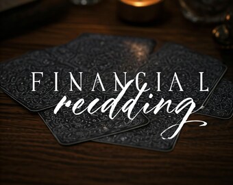 May include: A tarot card reading spread with the text "FINANCIAL reading" on a dark wooden table with a lit candle in the background.