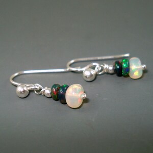 Opal Earrings, Tiny Ethiopian Opal Dangle Earrings with White and Blue Opals on Sterling Silver French Wires image 4
