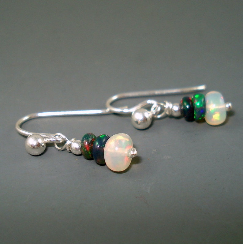 Opal Earrings, Tiny Ethiopian Opal Dangle Earrings with White and Blue Opals on Sterling Silver French Wires image 4