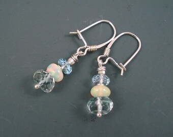 Aquamarine and Opal Earrings, Ethiopian Fire Opals with Aquamarine Rondelles on Sterling Silver Wires