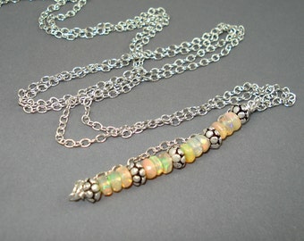 Opal Necklace, Ethiopian Fire Opal Rondelles, Small Opal Beads and Long Silver Plate Chain