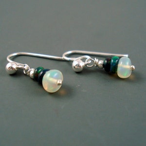 Opal Earrings, Tiny Ethiopian Opal Dangle Earrings with White and Blue Opals on Sterling Silver French Wires image 3