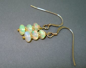 Opal Earrings, Ethiopian Fire Opals and Gold Wires, Triple Stone Opal Earrings With Clear Fiery Opals