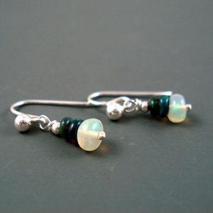 Opal Earrings, Tiny Ethiopian Opal Dangle Earrings with White and Blue Opals on Sterling Silver French Wires image 2