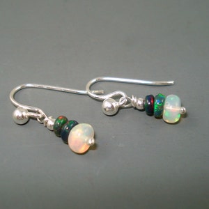 Opal Earrings, Tiny Ethiopian Opal Dangle Earrings with White and Blue Opals on Sterling Silver French Wires image 5