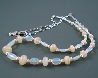 Opal Necklace, Ethiopian Fire Opal Ovals and Rondelles, Beaded Necklace with Sterling Silver
