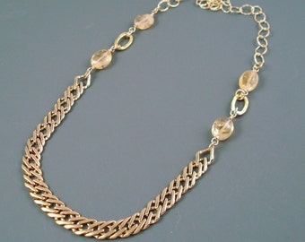 Gold and Citrine Necklace, Vintage Upcycled Electroplate Gold Chain, Citrine and Hammered Gold Fill