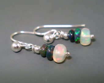 Opal Earrings, Tiny Ethiopian Opal Dangle Earrings with White and Blue Opals on Sterling Silver French Wires