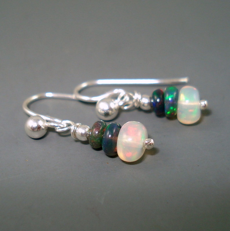 Opal Earrings, Tiny Ethiopian Opal Dangle Earrings with White and Blue Opals on Sterling Silver French Wires image 1