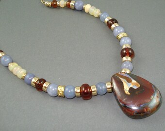 Boulder Opal Focal Pendant with Aquamarine, Hessonite Garnets, Ethiopian Fire Opals, Gold Fill Beads and Chain Handmade Opal Jewelry