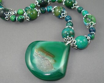 Green Agate Druzy Pendant Necklace, Agate Pendant, Azurite Beads, Sterling Silver Caps, Beads and Clasp