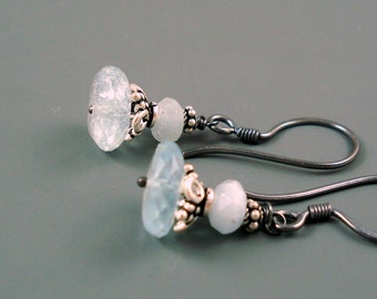 Aquamarine Earrings, Aquamarine Large Disks and  Sterling Silver Beads