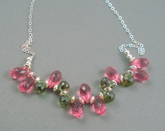 Pink and Green Teardrop Necklace, Pink Quartz and Natural Peridot Brios with  Sterling Silver, Jewelry Necklace