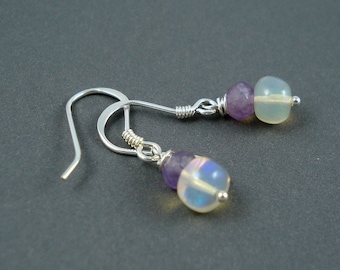 Opal Earrings, Petite Ethiopian Fire Opals and Amethyst on Sterling Silver French Wires, Double Rondelles ON SALE