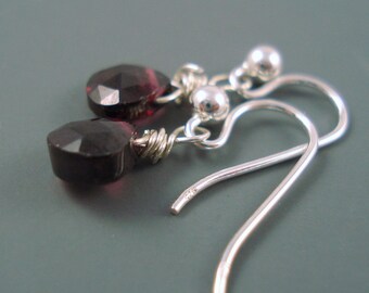 Garnet Gemstone Earrings with Sterling  Silver, Tiny Garnet Heart Brios and Hook Wires