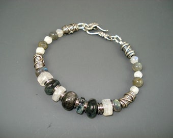 Moonstone and Labradorite Bracelet with Sterling Silver Beads and Clasp