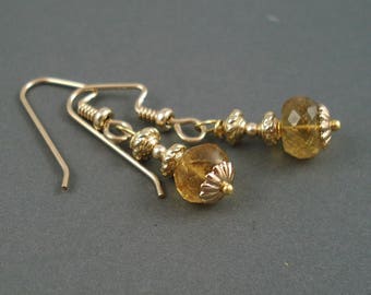 Citrine Gemstone Earrings with Gold Fill Beads and Ear Wires