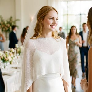 May include: A bride in a white wedding dress with a sheer, open-weave cape. The dress has a simple, elegant design. A sheer veil is attached to the bride's hair. The background shows guests at a wedding reception.