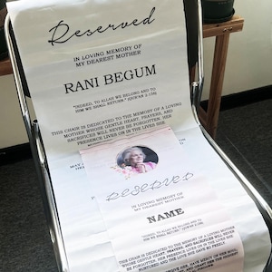 Letrero para silla conmemorativa, pancarta para asiento reservado para boda, letrero "En memoria amorosa", pancarta para silla de boda, letrero conmemorativo para boda