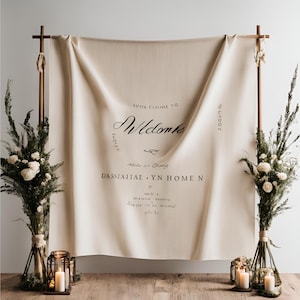 Wedding Welcome Banner – Custom Linen Canvas Flag with Minimalist Design, Personalized Wedding Sign with Couple’s Names,Rustic Elegant Décor