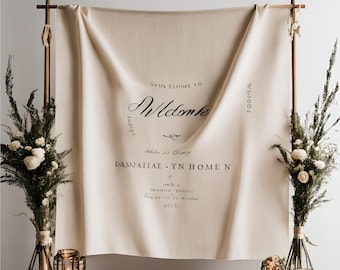 Wedding Welcome Banner – Custom Linen Canvas Flag with Minimalist Design, Personalized Wedding Sign with Couple’s Names,Rustic Elegant Décor
