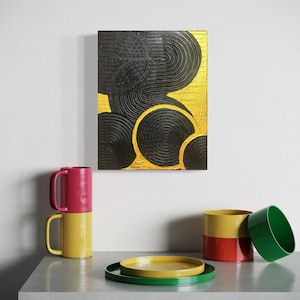 Modern Black and Gold Abstract Canvas Art- Textured Geometric Circles with Metallic Accents for Home or Office Decor