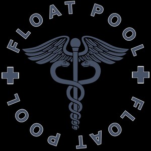 May include: A circular graphic design on a black background featuring a central grey caduceus symbol with wings and two snakes. The text FLOAT POOL is written in a circular arc around the symbol, with a grey plus sign on the left and right sides.