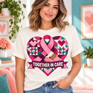 Juntos en el cuidado PNG, diseño de sublimación de corazón acolchado para cáncer de mama, descarga de archivo de transparencia gráfica para camiseta con cinta rosa y manos para la diversidad