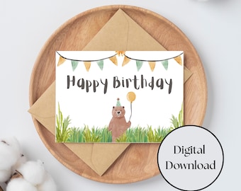 Kids Animal Themed Birthday Card (Bear) - Printable 5x7 Digital Download