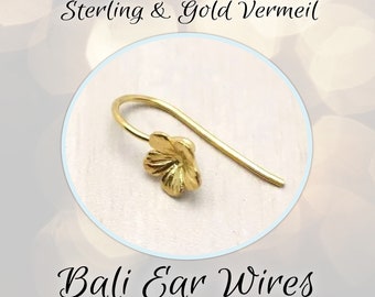 CLOSING SHOP Bali Plumeria Flower Ear Wires in Sterling Silver or Gold Vermeil, 20mm long, (7mm flower) 20 gauge, sold by the pair