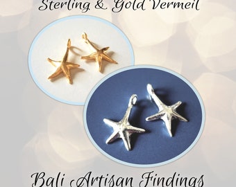 CLOSING SHOP Set of 2 Bali Starfish Charms in Sterling or Gold Vermeil, 15.3mm x 10.5mm