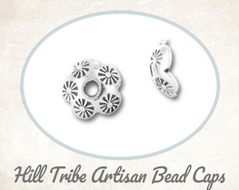 EXTRA 30% OFF Hill Tribe Bead Caps, Flower Stamped, Fine Silver, 7mm wide x 3mm tall, set of 2 handmade bead caps