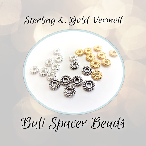 CLOSING SHOP Set of 10, Bali Rope Twist Spacer Beads, 4.9mm x 1.2mm (1.5mm hole), Choose Bright or Oxidized Sterling or Gold Vermeil