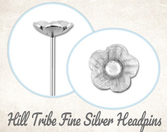 CLOSING SHOP Hill Tribe Flower Headpin Fine Silver, 20 gauge, 54mm long, 9mm flower - Choose a Quantity