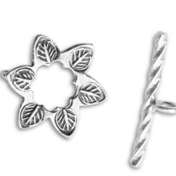 ONE Karen Hill Tribe Fine Silver Stamped FLOWER Toggle Clasp, 17mm x 19mm ring with 24mm bar, handmade artisan supplies