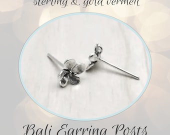 CLOSING SHOP Bali 5-Petal Flower Earring Posts, 7.5mm flowers, (2 pieces), Sterling or Gold Vermeil, backings included