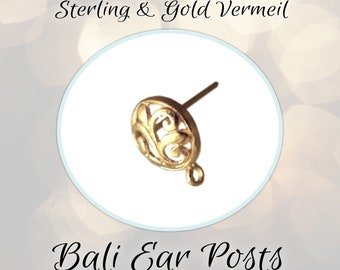 CLOSING SHOP Bali Fleur-de-lis Earring Posts Gold Vermeil or Sterling Silver, (1 pair, 2 pcs), 12mm x 9.5mm, handmade earring findings