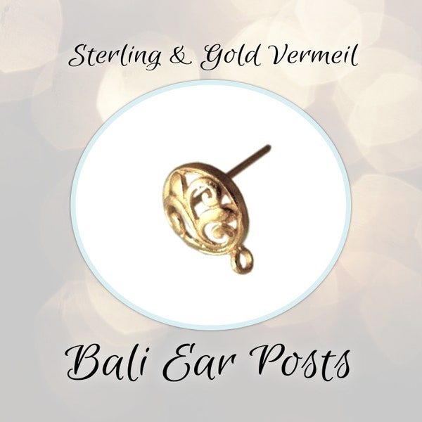 CLOSING SHOP Bali Fleur-de-lis Earring Posts Gold Vermeil or Sterling Silver, (1 pair, 2 pcs), 12mm x 9.5mm, handmade earring findings