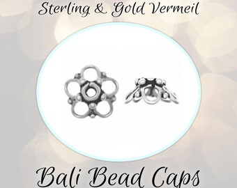 CLOSING SHOP Bali Bead Caps Sterling Silver or Gold Vermeil Artisan-made supplies, 4.3mm x 9.5mm, 1.2mm hole, Set of 2 pieces